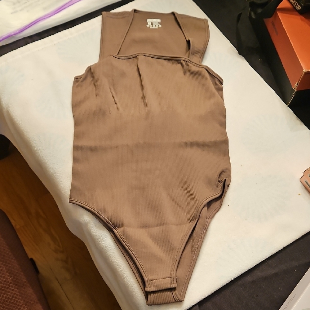 Brown Bodysuit with High Neckline and Pleated Detail